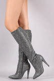Anne Michelle Rhinestone Accent Pointy Toe Knee High Boots